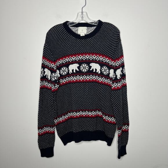 Aspen Sweater Mens Large Navy Fair Isle Polar Bear Crewneck 100% Cotton Knit - Picture 1 of 6